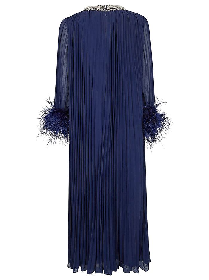 Navy Chiffon Feather Midi Dress Blue Pes Lining: Abito