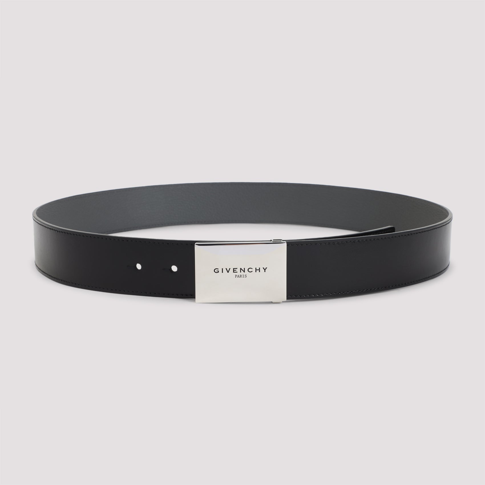 Metal Plaque Belt Black Calf Leather