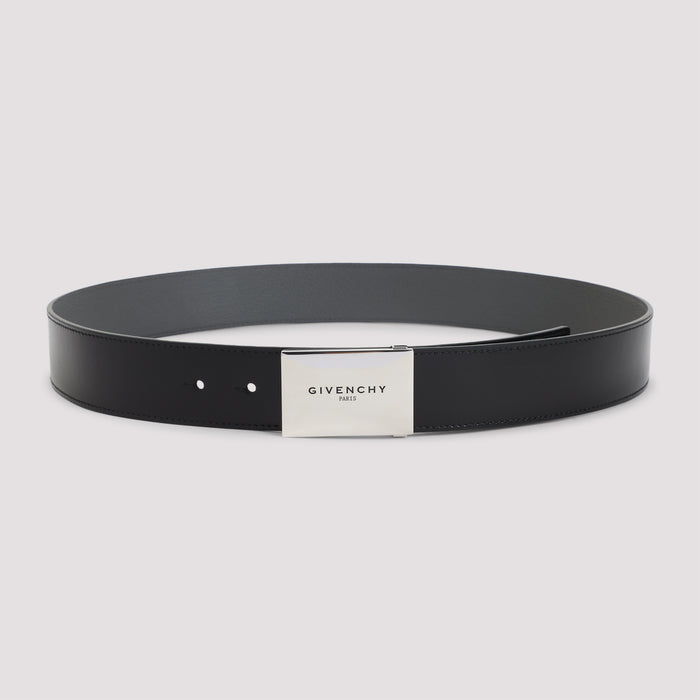 Metal Plaque Belt Black Calf Leather