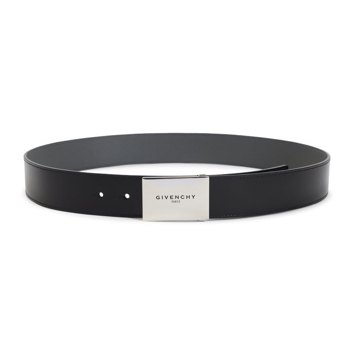 Metal Plaque Belt Black Calf Leather