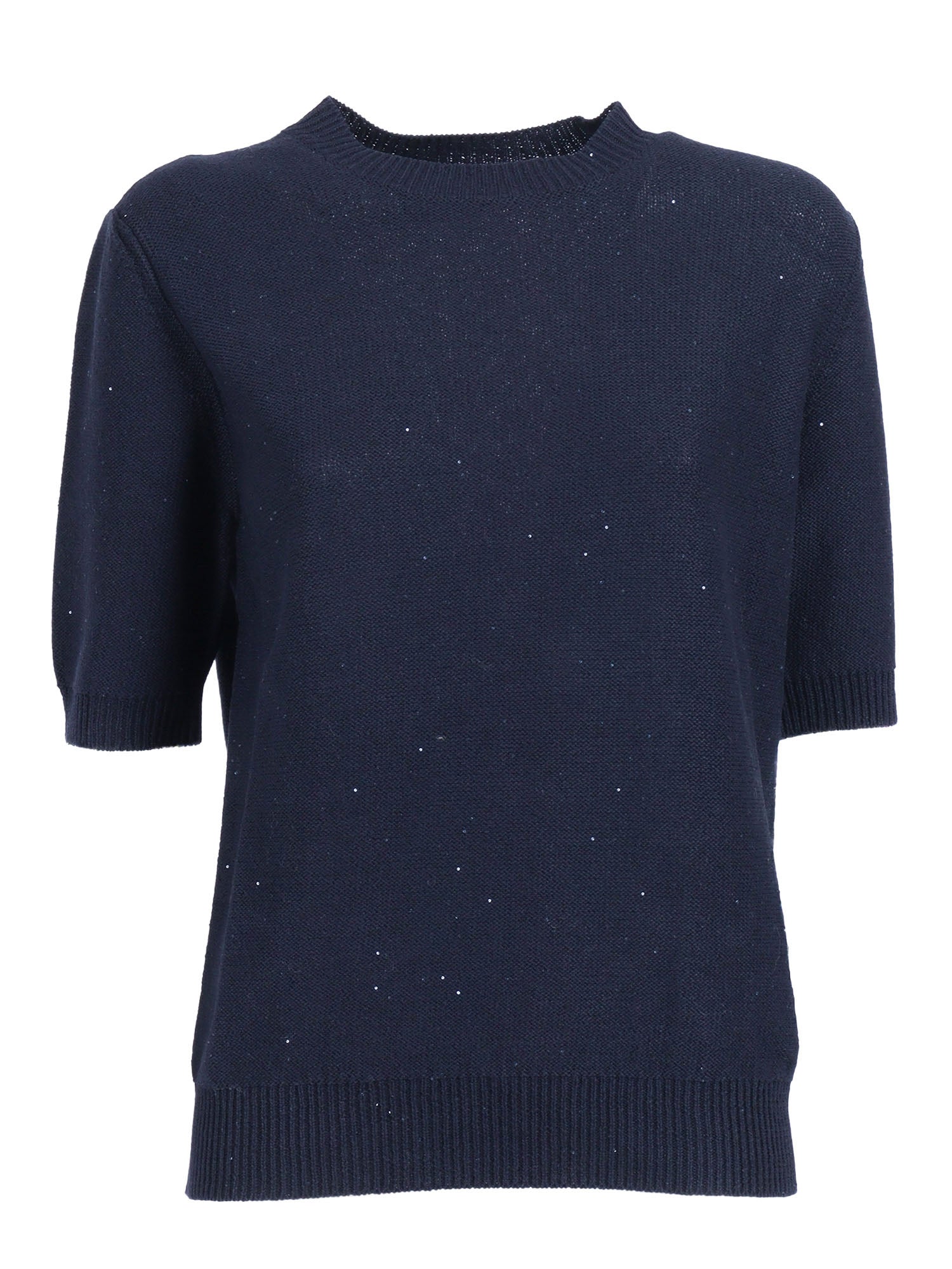 SEQUIN SHORT SLEEVE CREW NECK SWEATER Blue Cotton Linen Polyester Crewneck