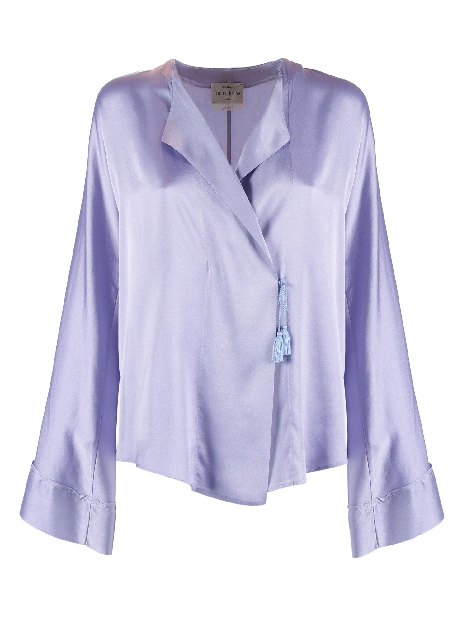 Wrap shirt in shiny stretch silk satin Purple Elastane