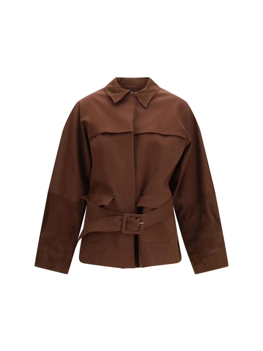 Short Jacket With Belt And Suede Details Ebano Cotton; Elastane