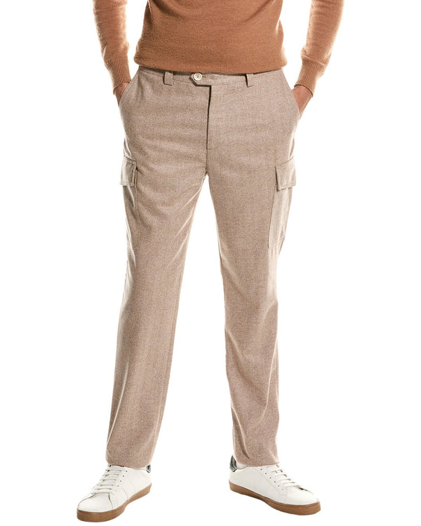 Brunello Cucinelli Mens Light Brown Wool Cargo Trousers