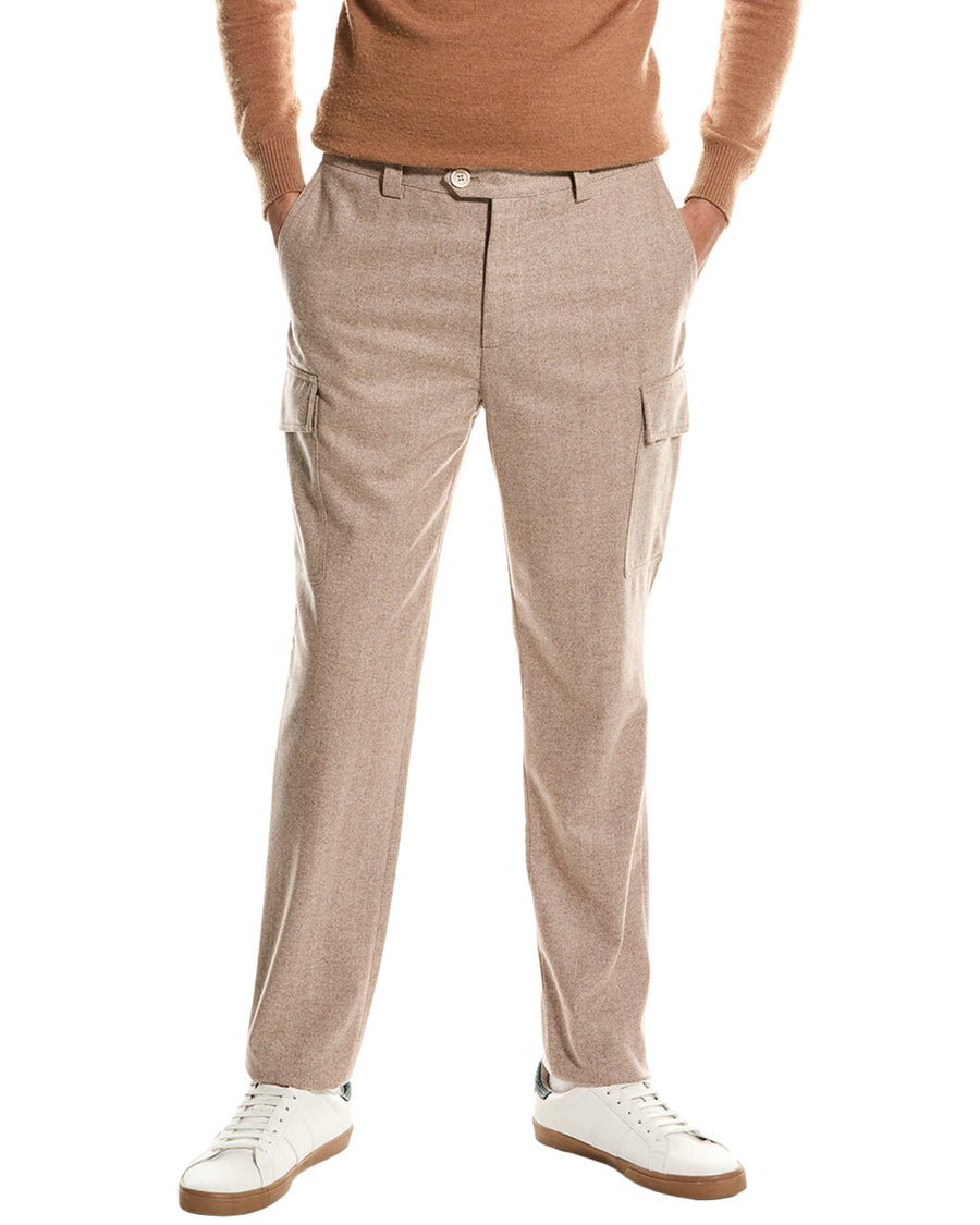 Brunello Cucinelli Mens Light Brown Wool Cargo Trousers