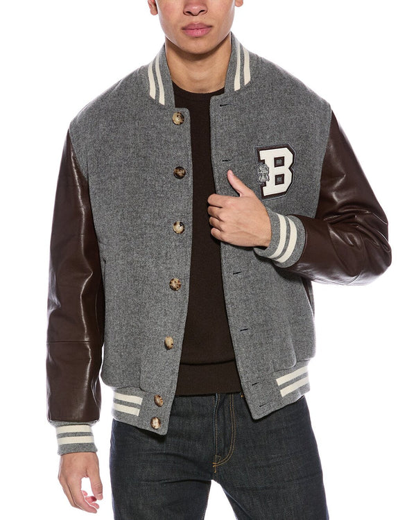 Brunello Cucinelli Mens Grey Wool Leather Sleeve Varsity Jacket Gray Clothing