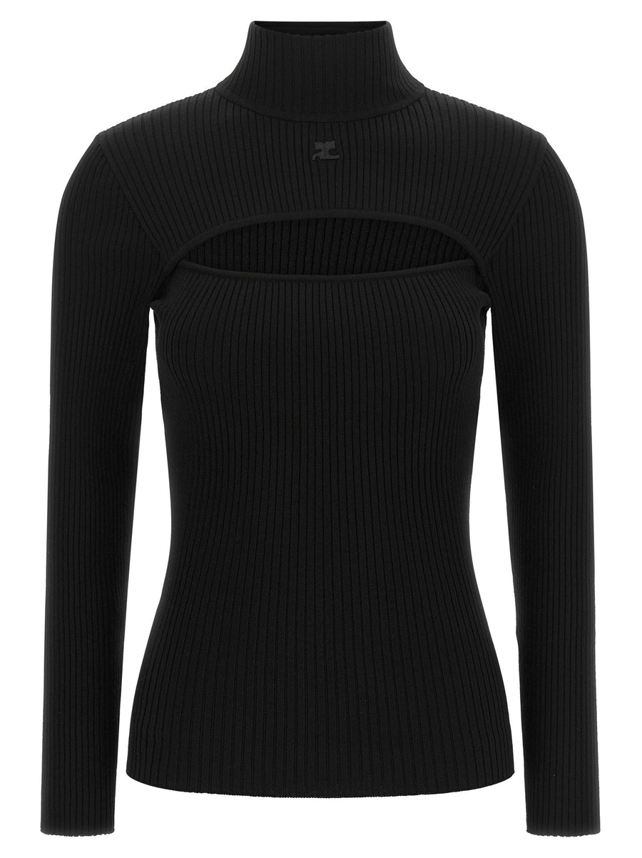 Courreges Ribbed Cut-Out Turtleneck Sweater — Black
