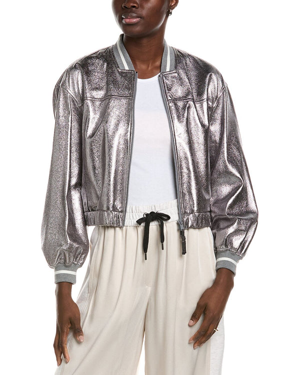 Brunello Cucinelli Womens Metallic Silver Bomber Jacket Gray Clothing