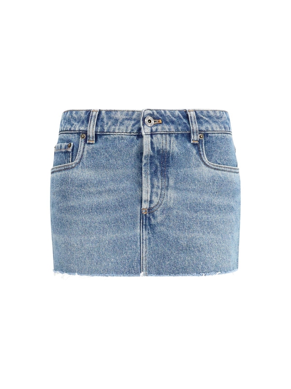 Denim Mini Skirt With Frayed Hem Blue Cotton