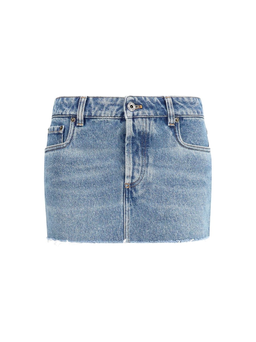 Denim Mini Skirt With Frayed Hem Blue Cotton