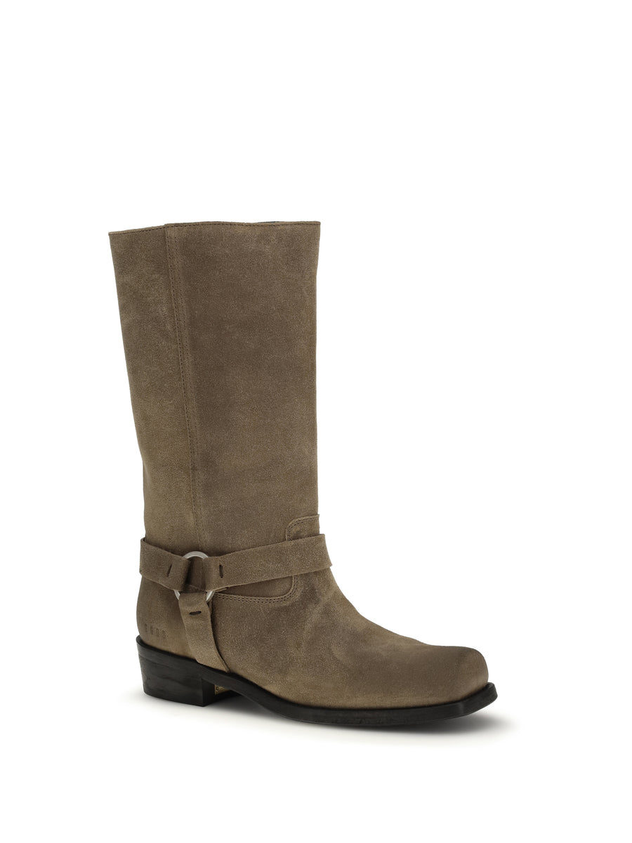 Suede Biker Boots Dark Beige Calf Leather