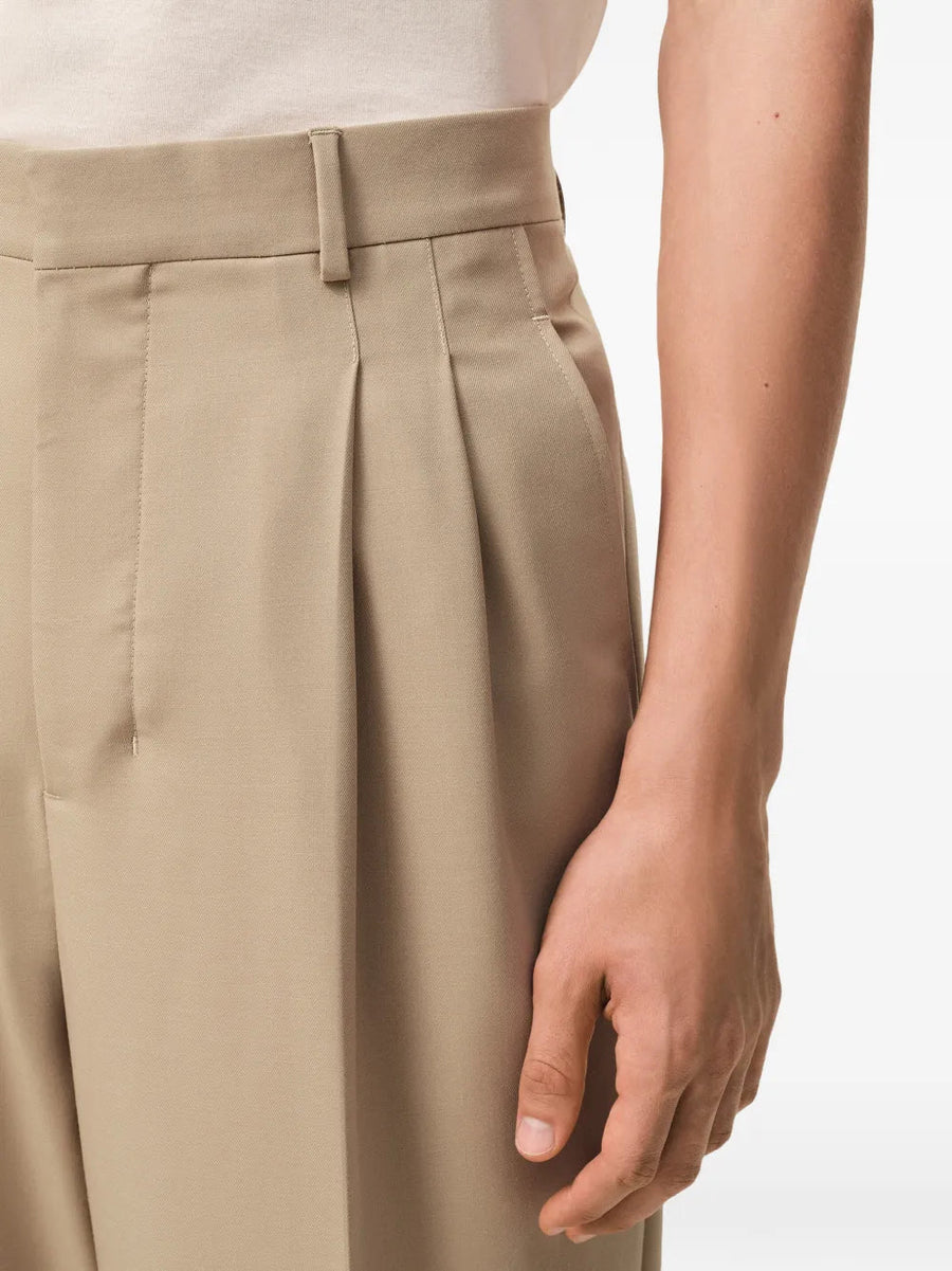Pleated Trousers Beige Virgin Wool Polyester Tailored