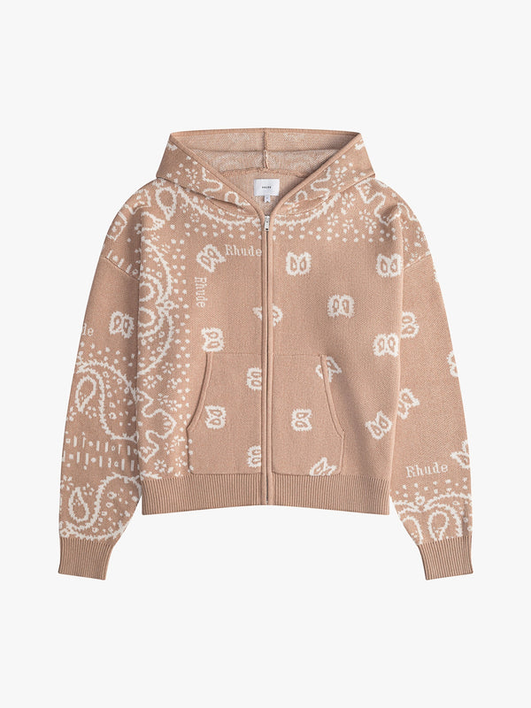 Rhude Mens Beige Cashmere Blend Bandana Knit Hoodie Pink Clothing