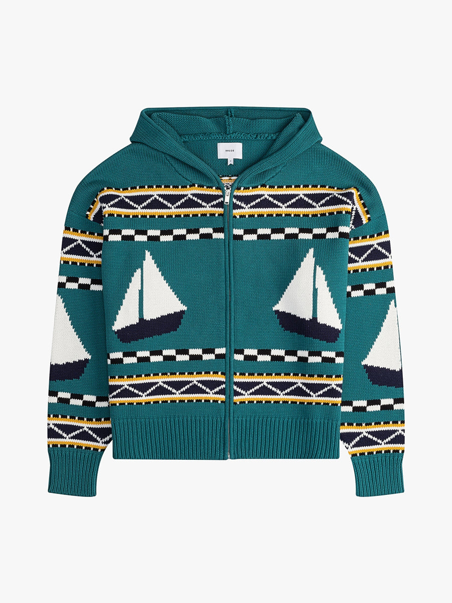 Rhude Mens Teal Wool Knit Zip-Up Hoodie Clothing