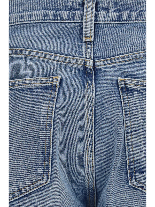Wide-Leg Creased Jeans Blue Cotton