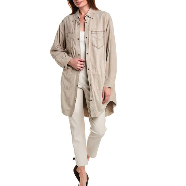 Brunello Cucinelli Womens Beige Leather Long Jacket Neutrals Clothing