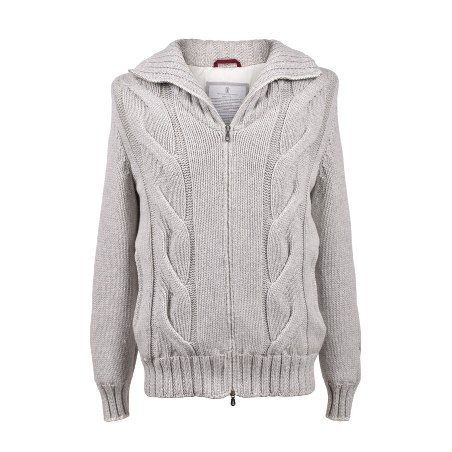 Brunello Cucinelli Mens Fog Wool Cable Knit Jacket Gray Clothing