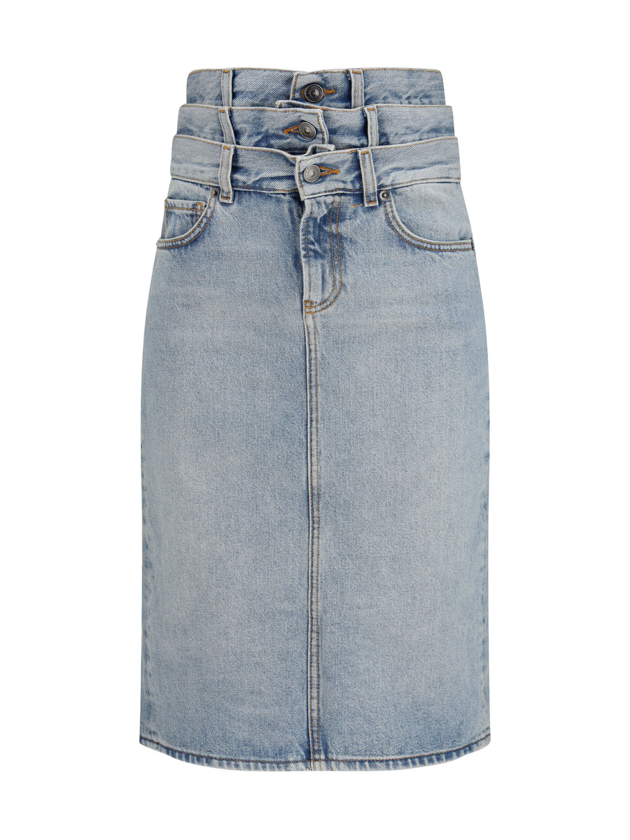 Midi Denim Skirt Triple-Layer Light Blue Cotton