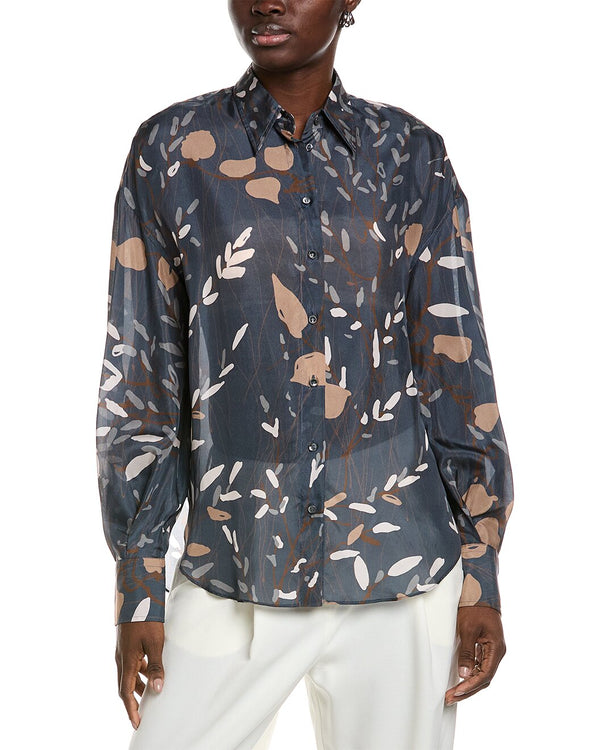 Brunello Cucinelli Womens Navy Floral Button-Up Shirt Blue