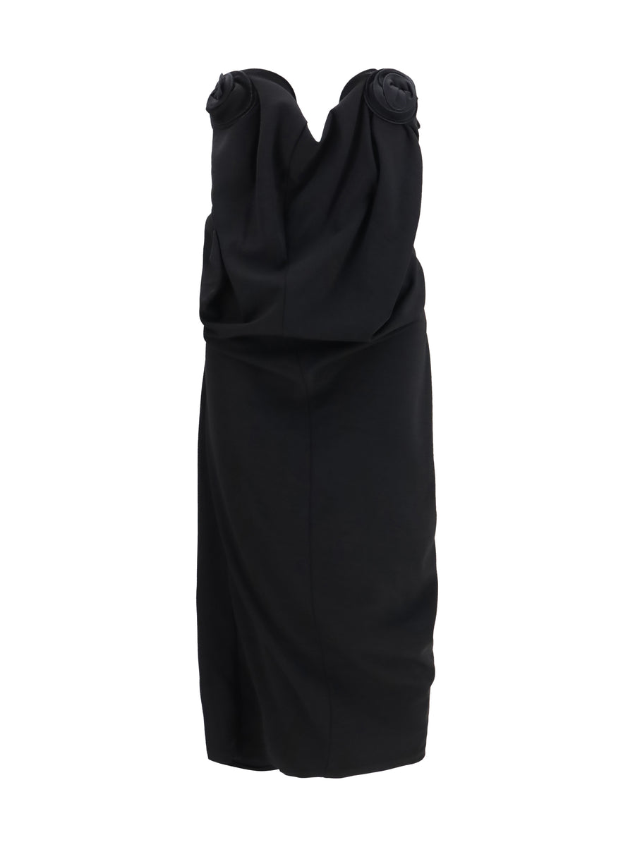 Draped Dress With Sculptural Floral Details Black