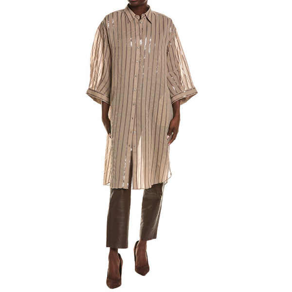 Brunello Cucinelli Womens Coffee Cream Long Sequin Striped Cotton Shirt