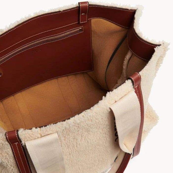 Chloé Woody Shearling Tote Bag Beige