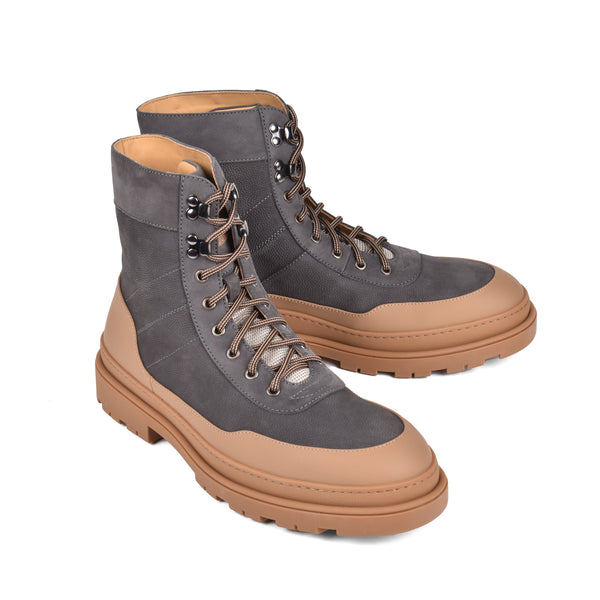 Brunello Cucinelli Mens Two Tone Grey And Tan Leather Hiking Boots
