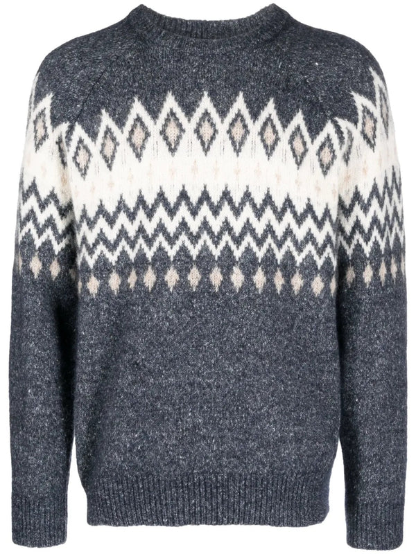 Brunello Cucinelli Mens Charcoal Fair Isle Knit Sweater Blue Clothing