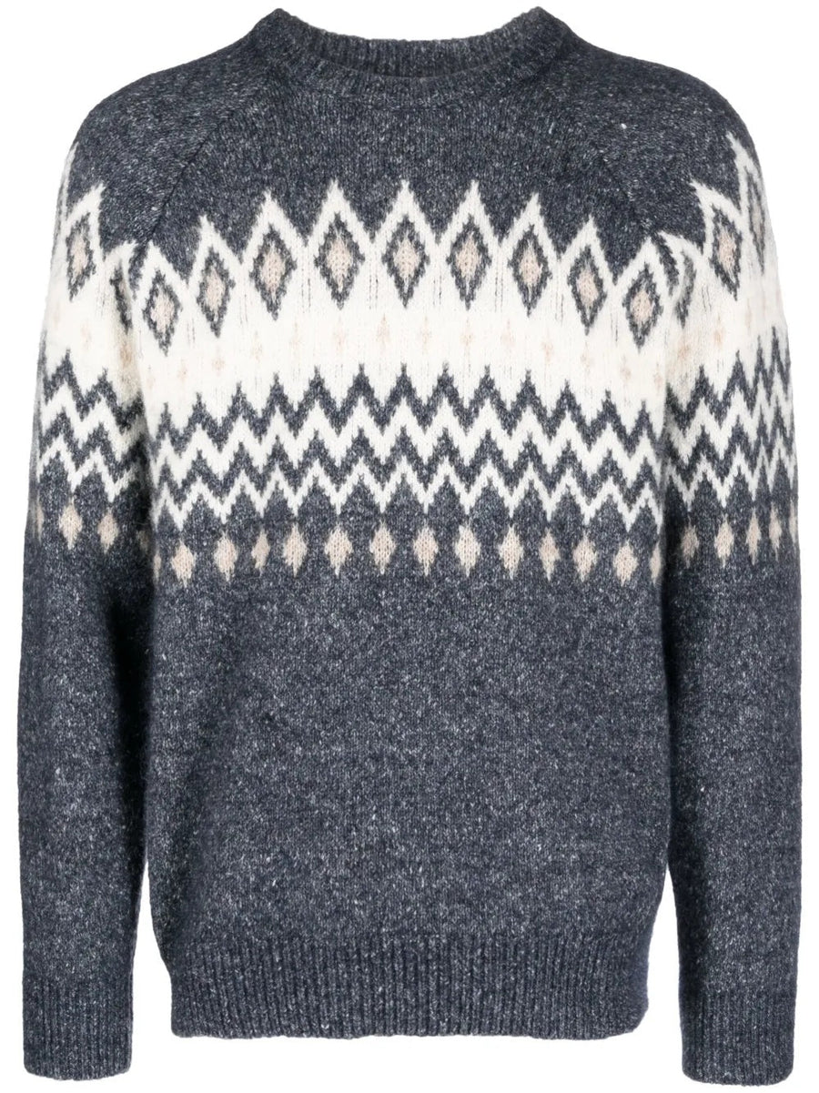 Brunello Cucinelli Mens Charcoal Fair Isle Knit Sweater Blue Clothing