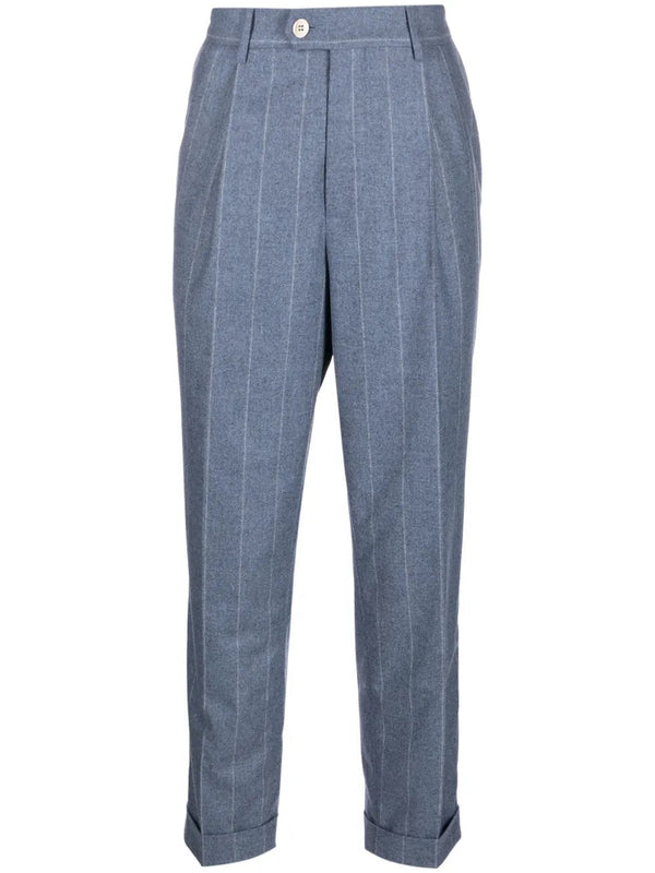 Brunello Cucinelli Mens Gray Pinstripe Pleated Trousers Blue
