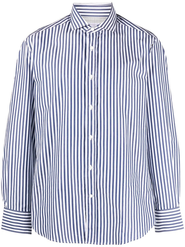 Brunello Cucinelli Mens Blue White Striped Cotton Shirt