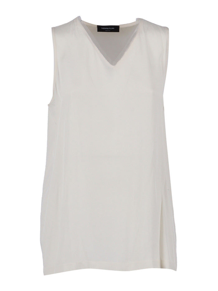 Enver Satin Front Back Top With Filo Diamante Detail White Acetate Viscose