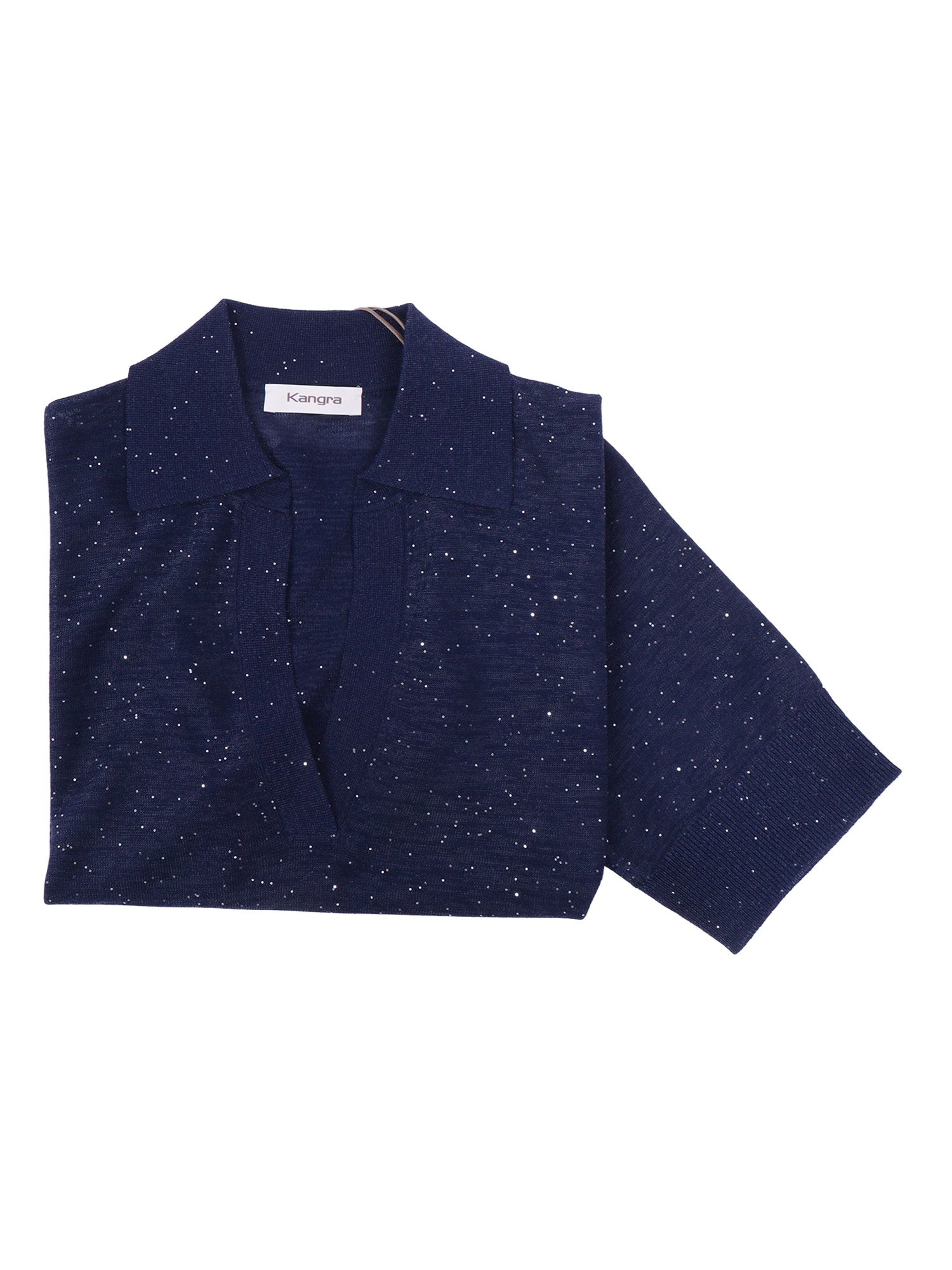 Open-Front Short Sleeve Polo With Micro-Sequins Blue Shirt