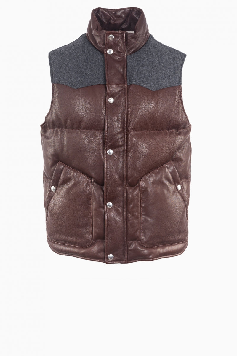Brunello Cucinelli Mens Brown Leather Puffer Vest Clothing