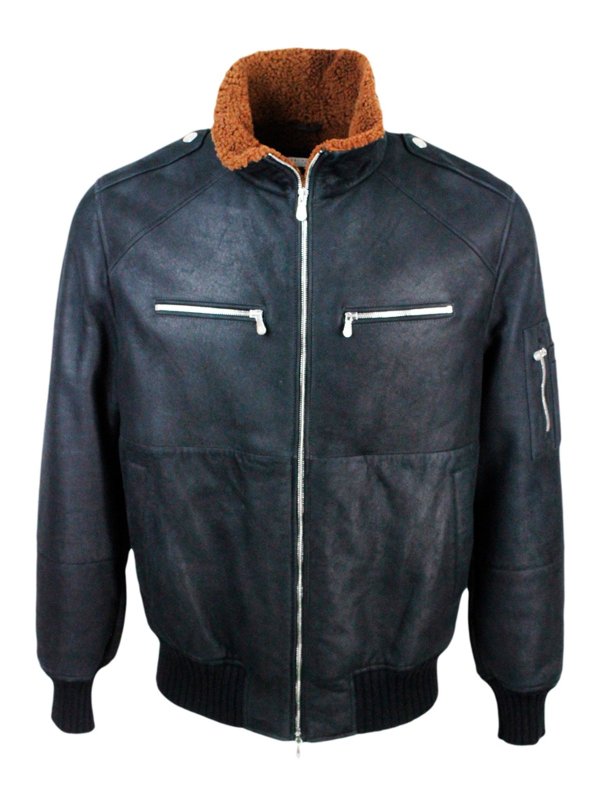 Brunello Cucinelli Mens Black Shearling Collar Jacket Clothing