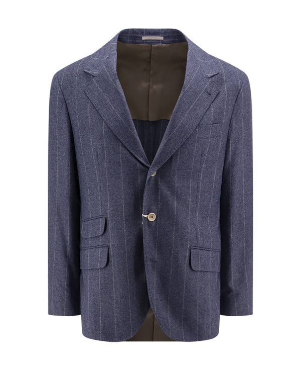 Brunello Cucinelli Mens Denim Wool Silk Pinstripe Blazer Clothing