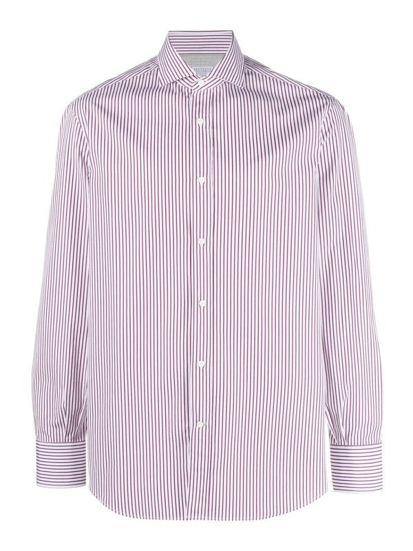 Brunello Cucinelli Mens White And Bordeaux Striped Shirt