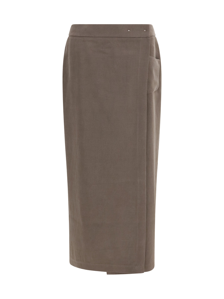Silk And Wool Wrap Long Skirt With Patch Pocket Mud