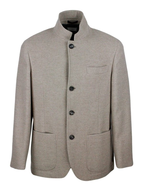 Brunello Cucinelli Mens Almond Wool Stand Collar Button Jacket Beige Clothing