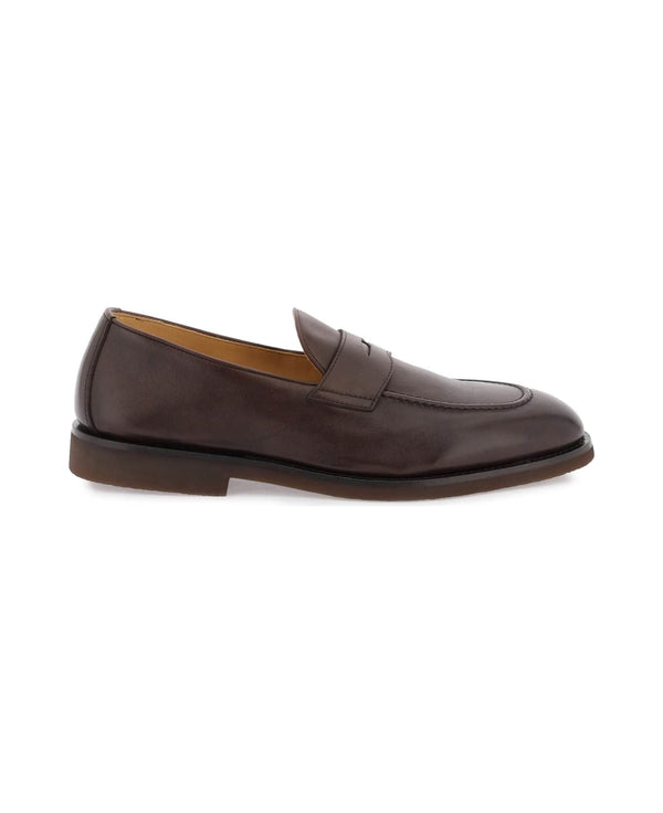 Brunello Cucinelli Mens Dark Brown Leather Loafers Burgundy