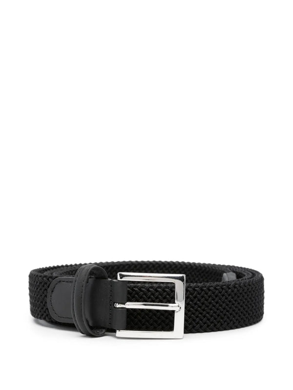 Kiton Braided fabric with leather trim belt in black