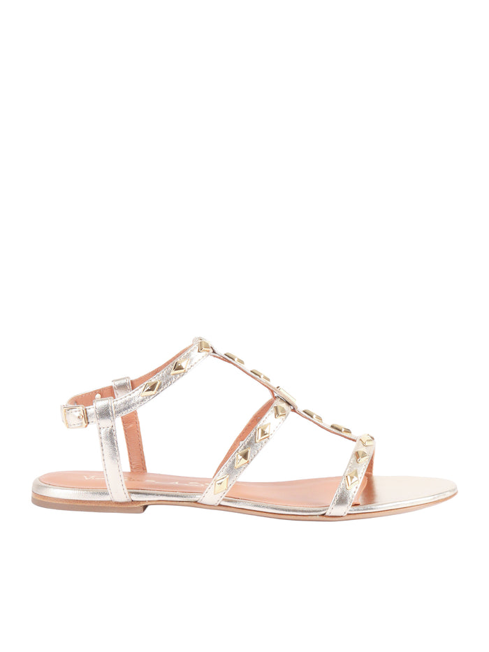 Sandals With Rhombus-Shaped Studs Gold Leather Sole Rubber