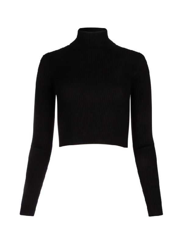 Brunello Cucinelli Womens Black Wool Silk Blend Cropped Turtleneck Shirt
