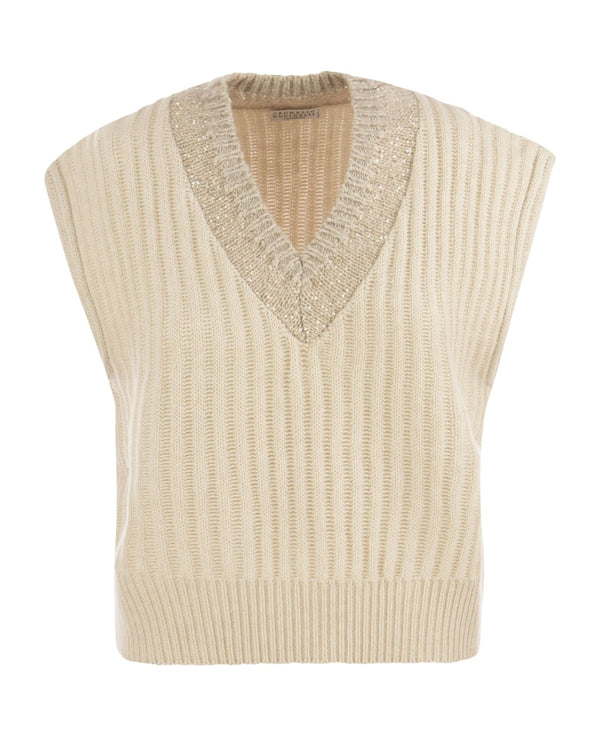 Brunello Cucinelli Womens Marble Wool Ribbed Sleeveless Sweater One Color Clothing