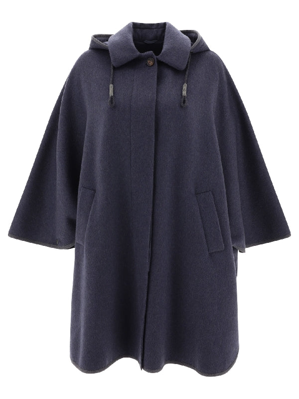 Brunello Cucinelli Womens Night Sky Wool Hooded Cape Jacket Blue Clothing