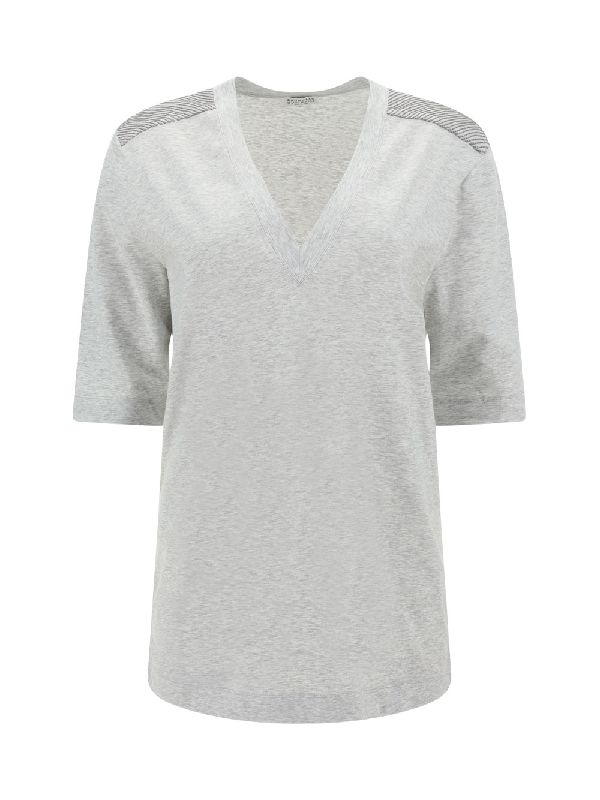 Brunello Cucinelli Womens Silver Cotton Blend V Neck Shirt