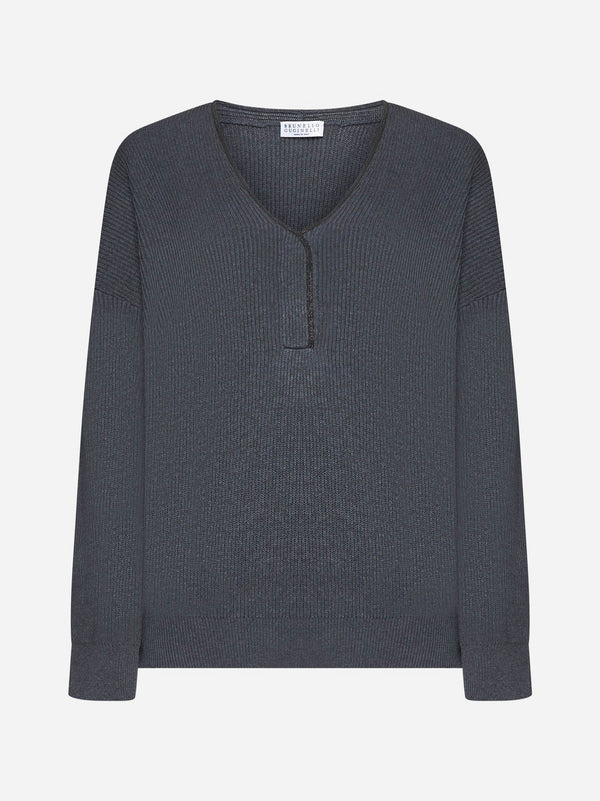 Brunello Cucinelli Womens Lead Ribbed Knit V Neck Sweater Grey Clothing
