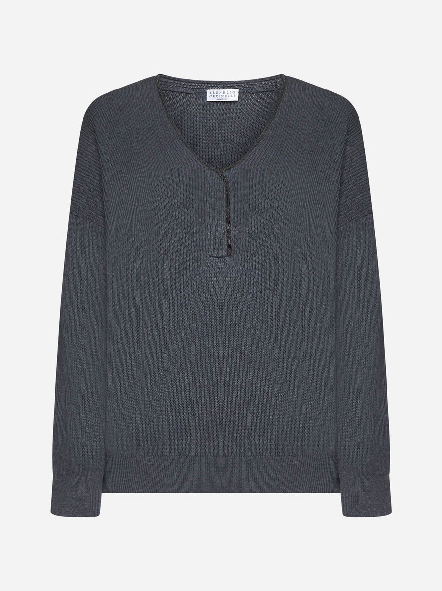 Brunello Cucinelli Womens Lead Ribbed Knit V Neck Sweater Grey Clothing