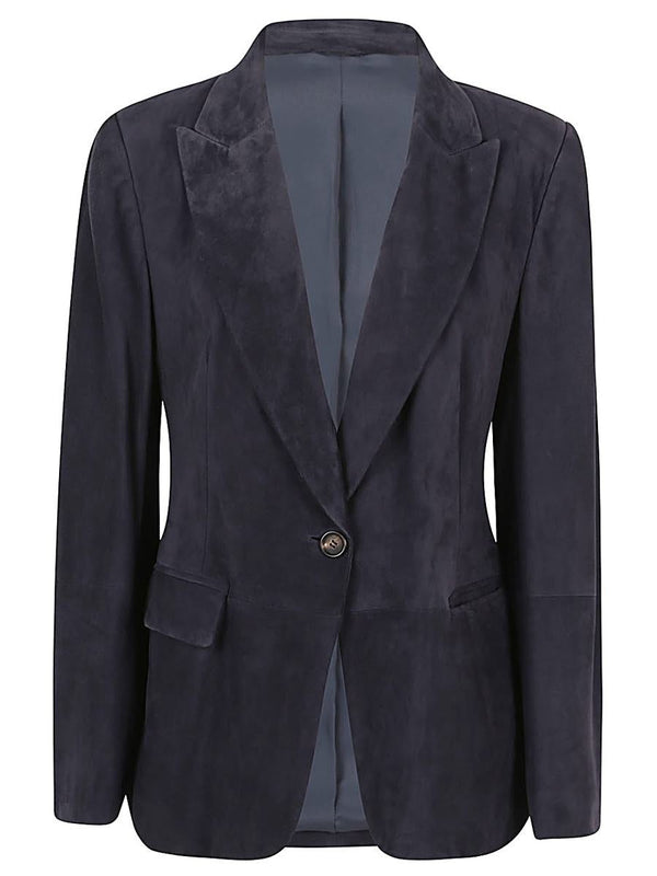 Brunello Cucinelli Womens Night Sky Suede Single Button Jacket Blue Clothing