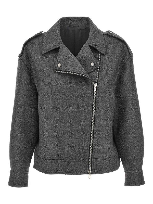 Brunello Cucinelli Womens Dark Grey Wool Moto Jacket Clothing